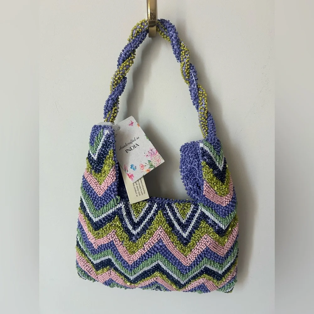 beaded purple blue chevron twisted handle bag